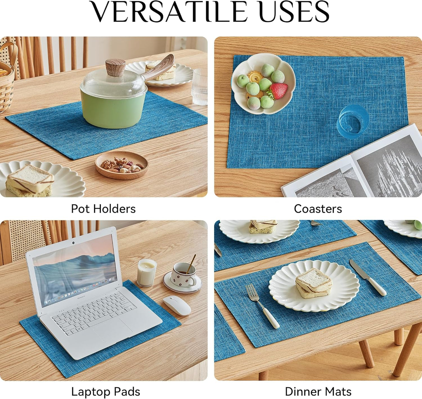 Softalker Faux Linen Placemats Set of 4-12 x 18 Inch, Heat Resistant Double Layered Durable Burlap Farmhouse Place Mats, Non-Slip Washable Rustic Table Mats for Dining, Kitchen, Party（Sky Blue