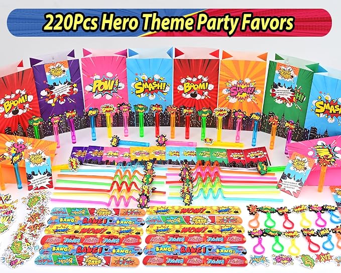 220PCS Hero Party Favors Kit – Birthday Supplies Includes Goodies Bags, Straws, Bubble Wands, Notebook & More – Perfect for Party Decorations & Pinata Fillers