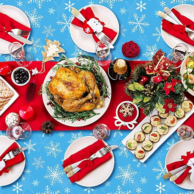 Peryiter 12 Pcs Winter Snowflake Plastic Tablecloth Decorations, Christmas Wonderland Disposable Table Cover 54 x 108 Inch Blue and White Dining Table Cover for Winter Holiday Theme Party Supplies