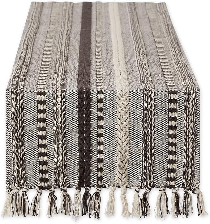 DII Farmhouse Braided Stripe Table Runner Collection, 15x72 (15x77, Fringe Included), Dark Brown
