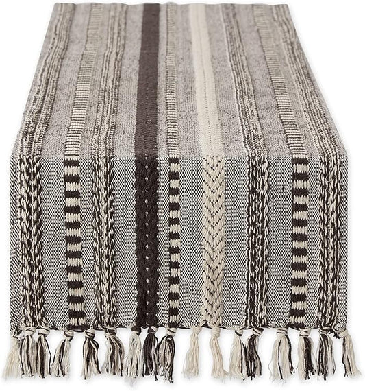 DII Farmhouse Braided Stripe Table Runner Collection, 15x72 (15x77, Fringe Included), Dark Brown