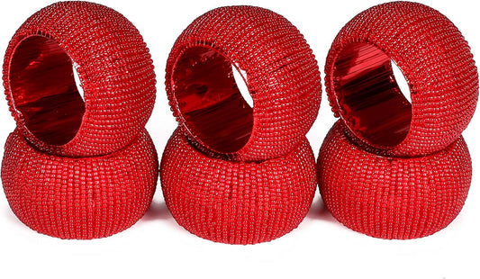 Handmade Beaded Napkin Rings Set of 6 - Red Napkin Holders, 2-Inch Elegant Table Décor, Handcrafted by Skilled Artisans - Perfect for Weddings, Parties & Everyday Dining