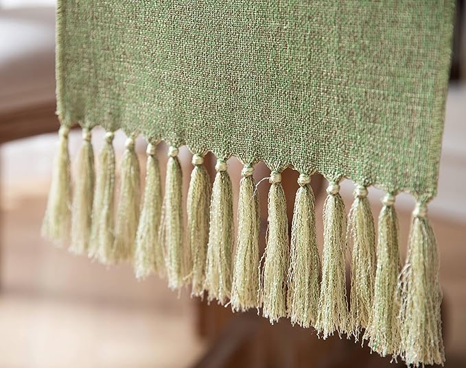 ZeeMart Green Table Runners 108 Inches Long, Burlap Linen Style Rustic Farmhouse Table Runner, Long Boho Dining Table Runner, 13x108 Inches, Grass Green