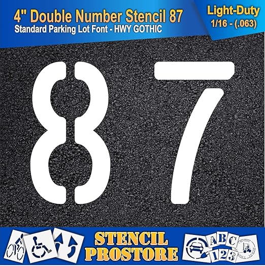 Pavement, Curb, and WheelStop Stencils - 4 inch Double Number Stencil - (87) - 4" x 5.5" x 1/16" (63 mil) - Light-Duty