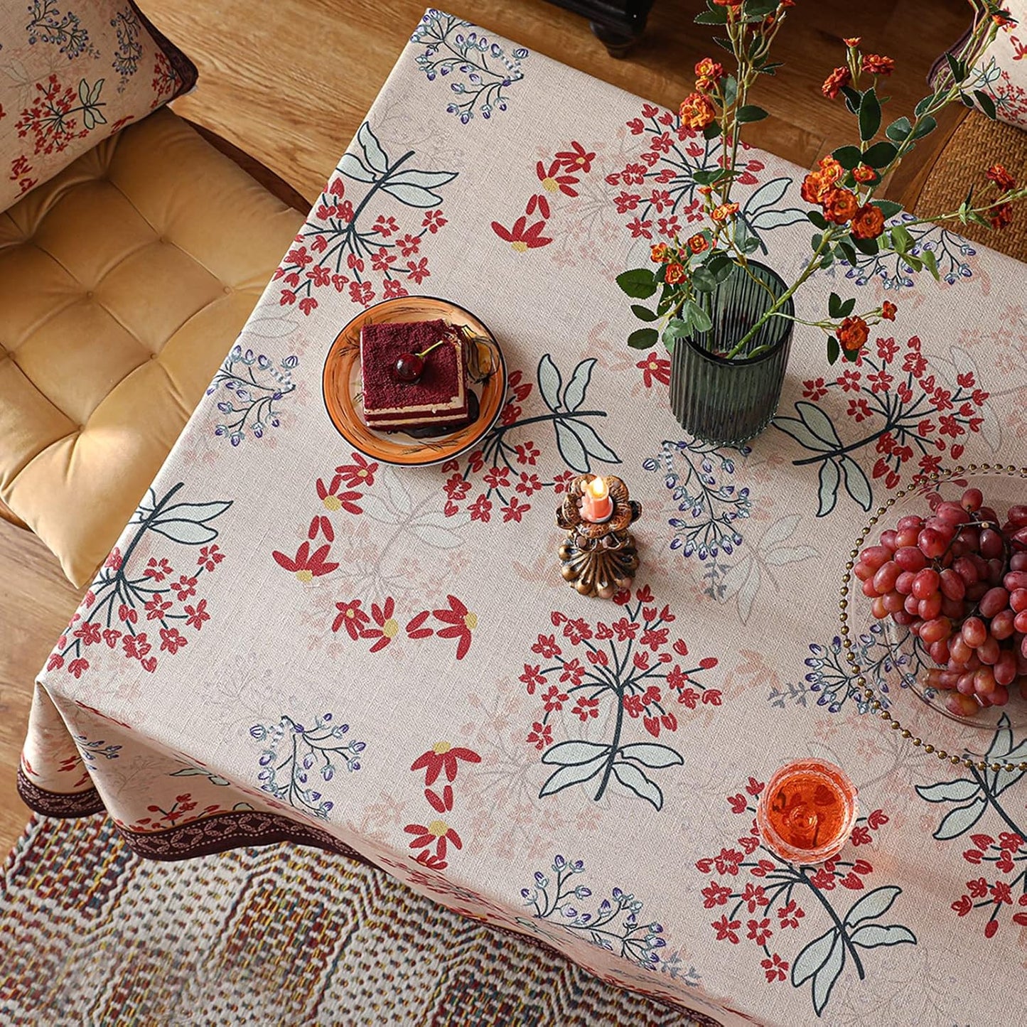 patdrea Designer French Linen Long Rectangle Tablecloth for Rectangle Table,Vintage Red Floral Tablecloths,Table Cover for Kitchen Dining,Tea Party,Christmas,Thanksgiving,Holiday,63"x102"-Newmari