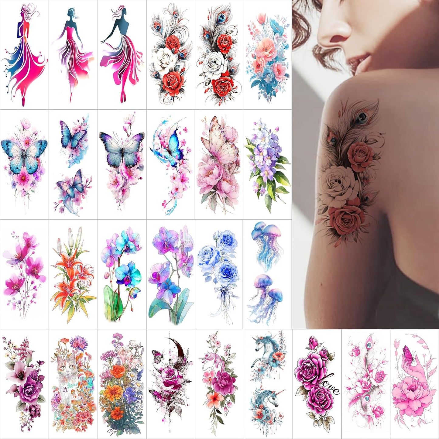 Watercolor Temporary Tattoos｜Women-Exclusive Tattoos (with Florals, Butterflies, Jellyfish, Beauties & More)｜Hyper-Realistic Fake Tattoos, Top Choice for Parties, Parent-Child & Beach