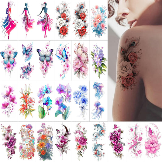 Watercolor Temporary Tattoos｜Women-Exclusive Tattoos (with Florals, Butterflies, Jellyfish, Beauties & More)｜Hyper-Realistic Fake Tattoos, Top Choice for Parties, Parent-Child & Beach