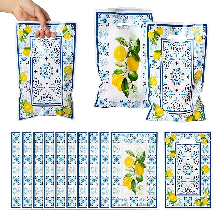 3sscha 50Pcs Capri Lemon Party Favor Bag Blue Tiles Yellow Lemon Plastic Waterproof Goodie Bag Citrus Fruit Rectangular Gift Bags for Kids Birthday Baby Shower Decoration Party Favor Supplies