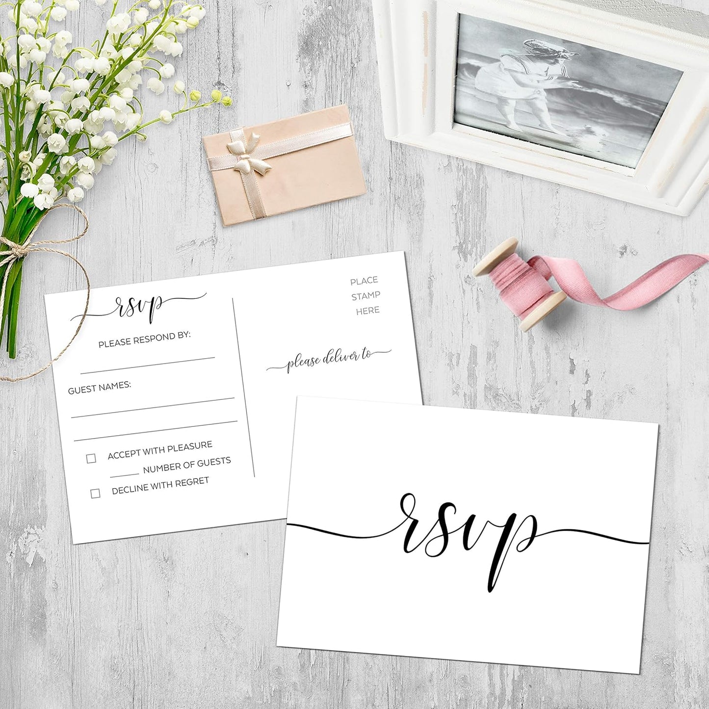 321Done RSVP Postcards (Set of 50) Small White, 3.5" x 5" - Blank with Mailing Side, Response Cards for Wedding, Bridal Shower, Baby Shower - Made in USA, Elegant Script White