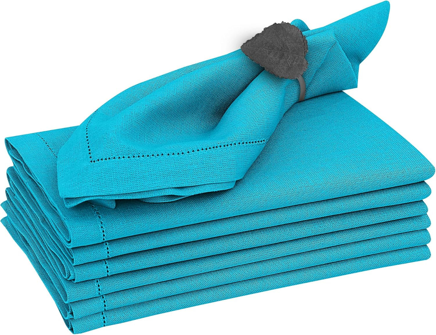 Ruvanti Premium Linen Napkins Set of 4-20x20 Inch, Classic Hemstitch, Mitered Corner Cloth Napkins ‎‎- Soft, Elegant Dinner Napkins Cloth Washable for Weddings, Parties, Everyday Use - Blue