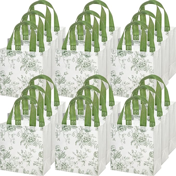 HunnmingRe 30 Pcs Sage Green Floral Gift Bags Floral Gifts Bag with Handles Bulk Wedding Bridal Shower Party Favor Non Woven Reusable Tote for Women Baby Shower Birthday Tea Fall Party Supplies