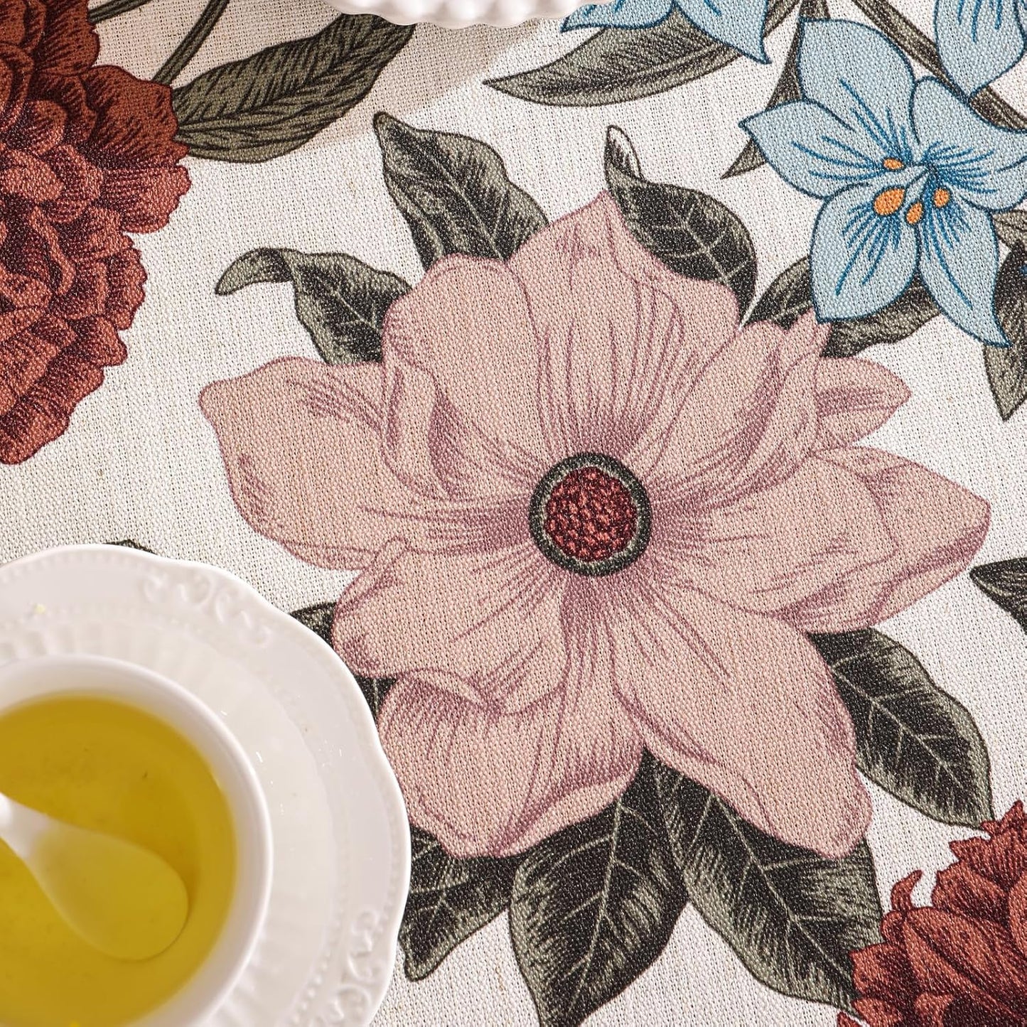 Designer French Linen Small Tablecloth for Round Table,Red and Blue Floral Durable Tablecloths,Decor Table Cover for Kitchen,Dining,Thanksgiving,Christmas,Diameter 55"-Burgundyred