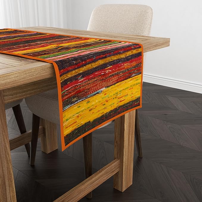 Trade Star Handloomed Bedside Runner Reversible Table Runner Table Placemat Premium Quality Highly Durable Decorative Upcycled Fabric Rug Runner (Orange)