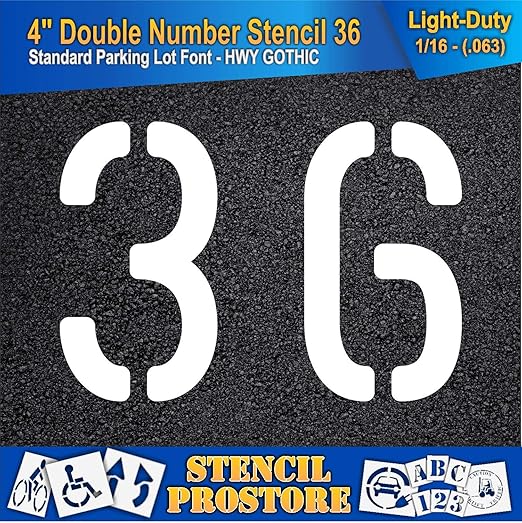 Pavement, Curb, and WheelStop Stencils - 4 inch Double Number Stencil - (36) - 4" x 5.5" x 1/16" (63 mil) - Light-Duty