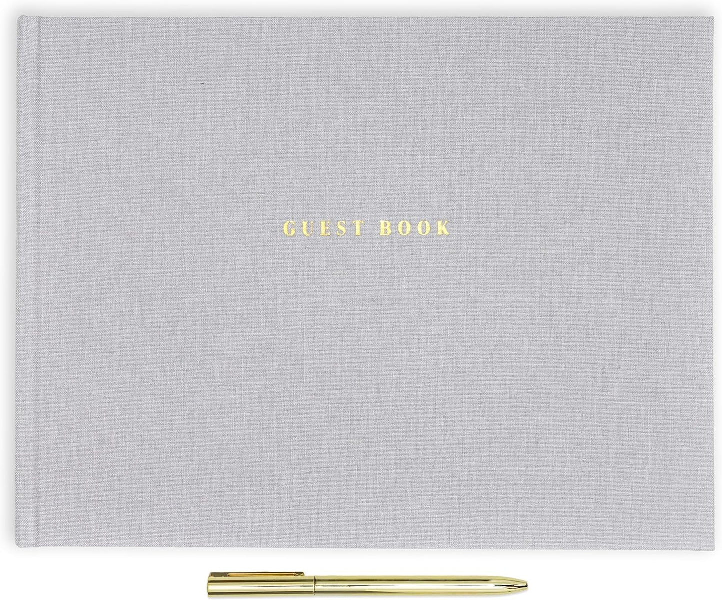 ELYN Linen Guest Book, Sign in Book for Wedding Reception, Birthday, Baby Shower & Events, Matching Gold Gel Pen, Photo Pockets & Table Sign, 80 Pages (Blank & Lined), Large, 11.5 in x 8.5 in (Grey)