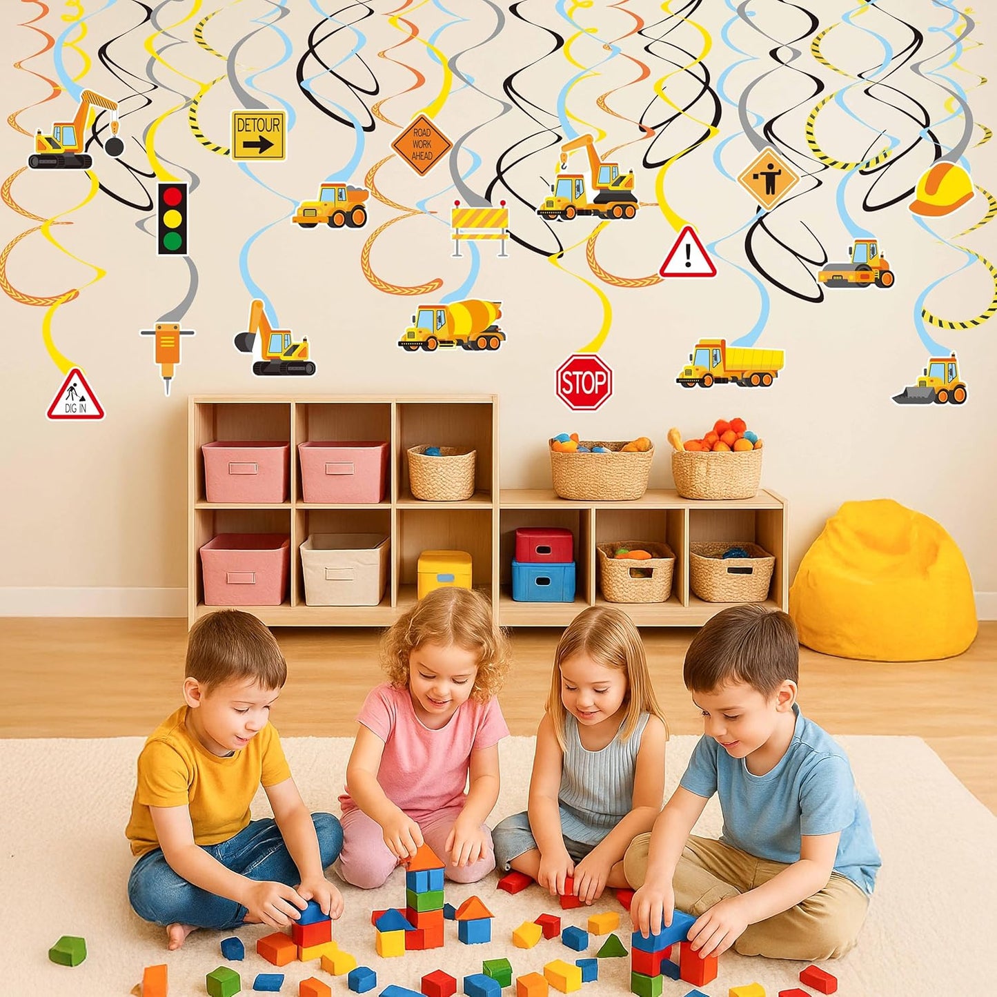 Construction Theme Hanging Swirl Decorations, 36PCS Construction Party Ceiling Streamers with Preassembled Hooks, Trucks, Helmets, Signs & More—for Birthdays, Events, or Work Zone Theme Decor