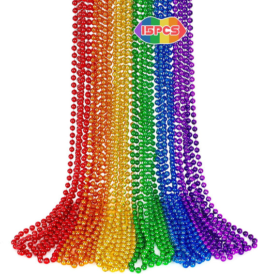 15PCS Pride Accessories, Pride Month Beads Necklaces, 6 Kinds Metallic Rainbow Necklace Bulk, Round LGBTQ Pride Necklace for Gay Lesbian, Costumes Decor for Pride Month Parade Throws Party Favors