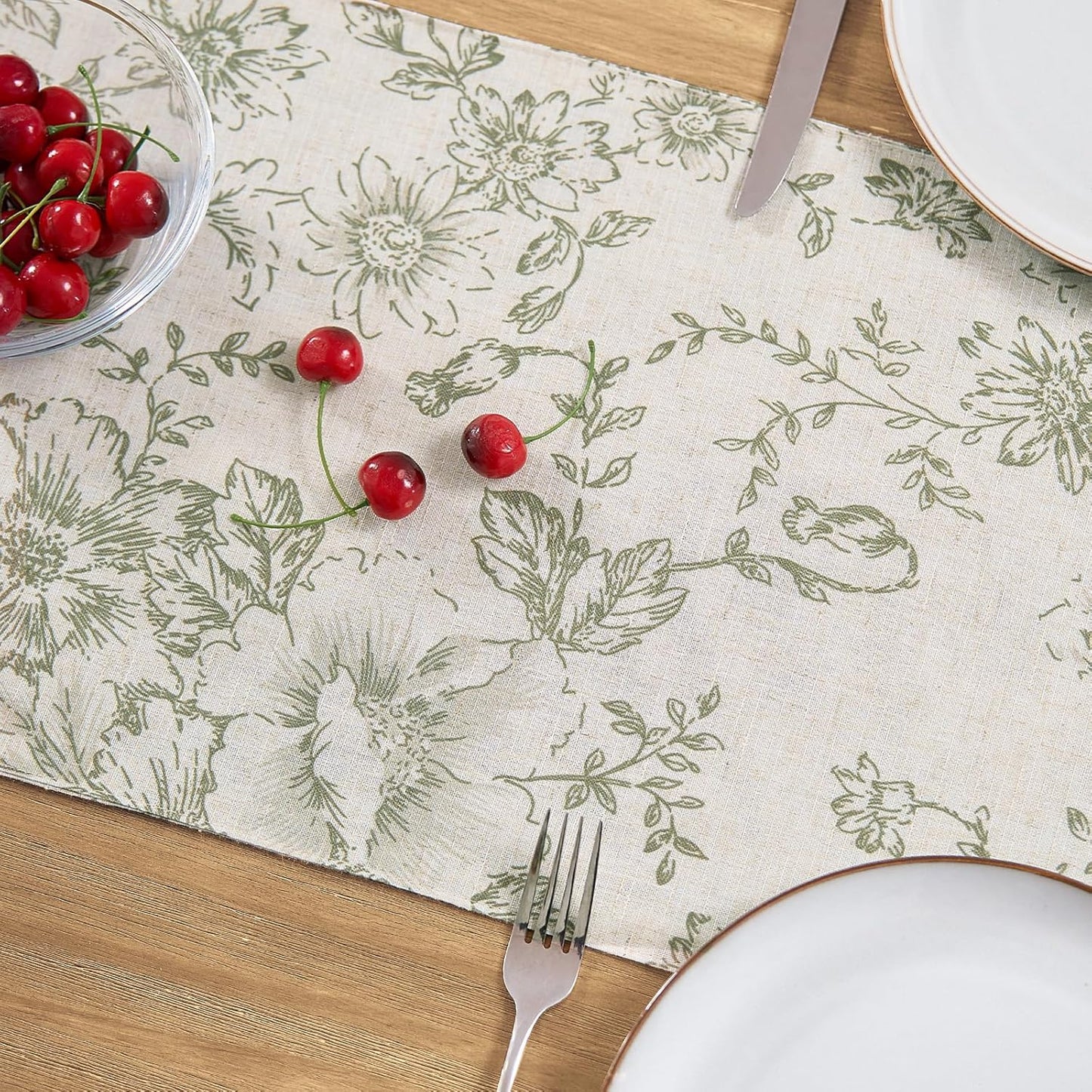 jinchan Floral Linen Table Runner for Kitchen Farmhouse Table Cloth with Sage Flower Print 13 x 90 Inch Beige Linen Blend Cloth for Kitchen Dining Table Indoor Outdoor Decor 1 Panel