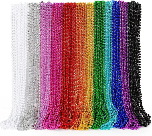 144PCS Mardi Gras Beads, Metallic 12 Kinds Bead Necklace Party Supplies, 33" Mardi Gras Necklace Costume Stuff, Festival Parade Throw Accessories for Wedding Birthday Celebrations Decorations