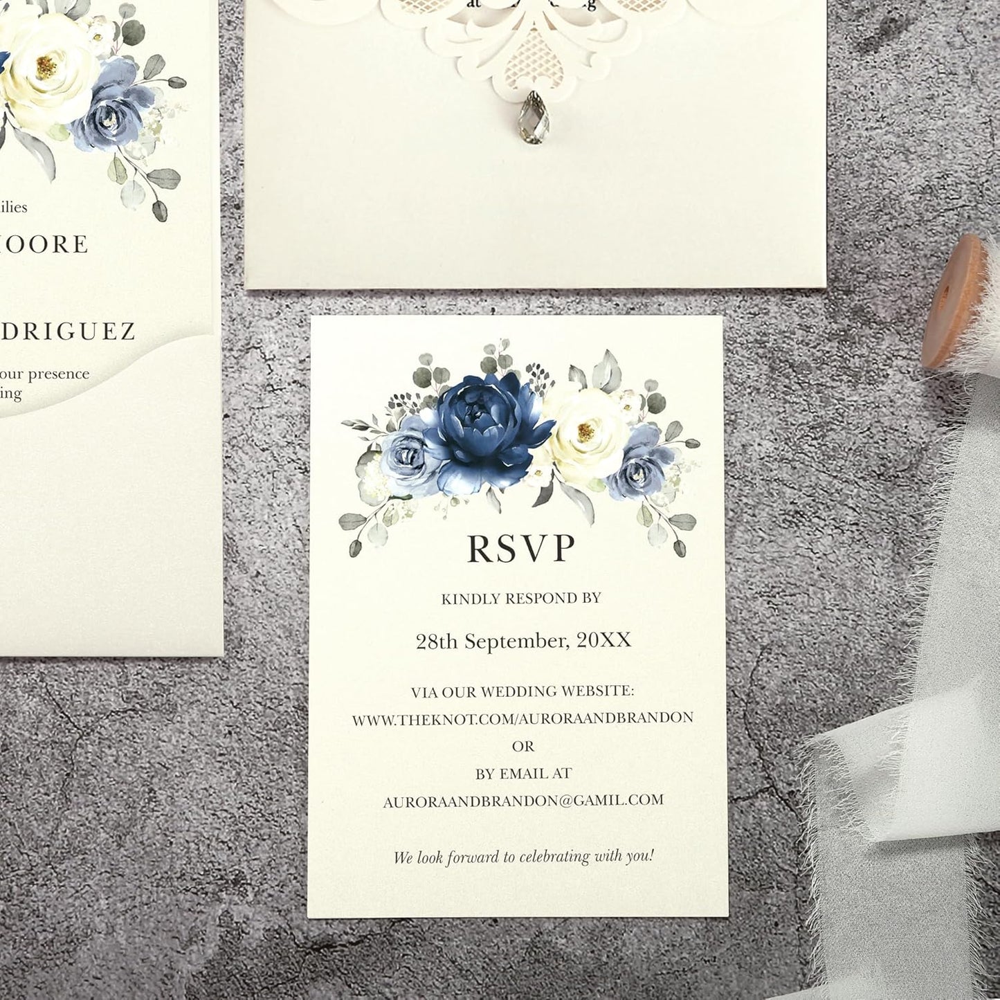 50pcs Laser Cut Wedding Invitations with Envelopes and RSVP Cards Blue and Ivory White, 5x7.3 Personalized Invitation Cards for Wedding, Anniversary Invitations with Rhinestone