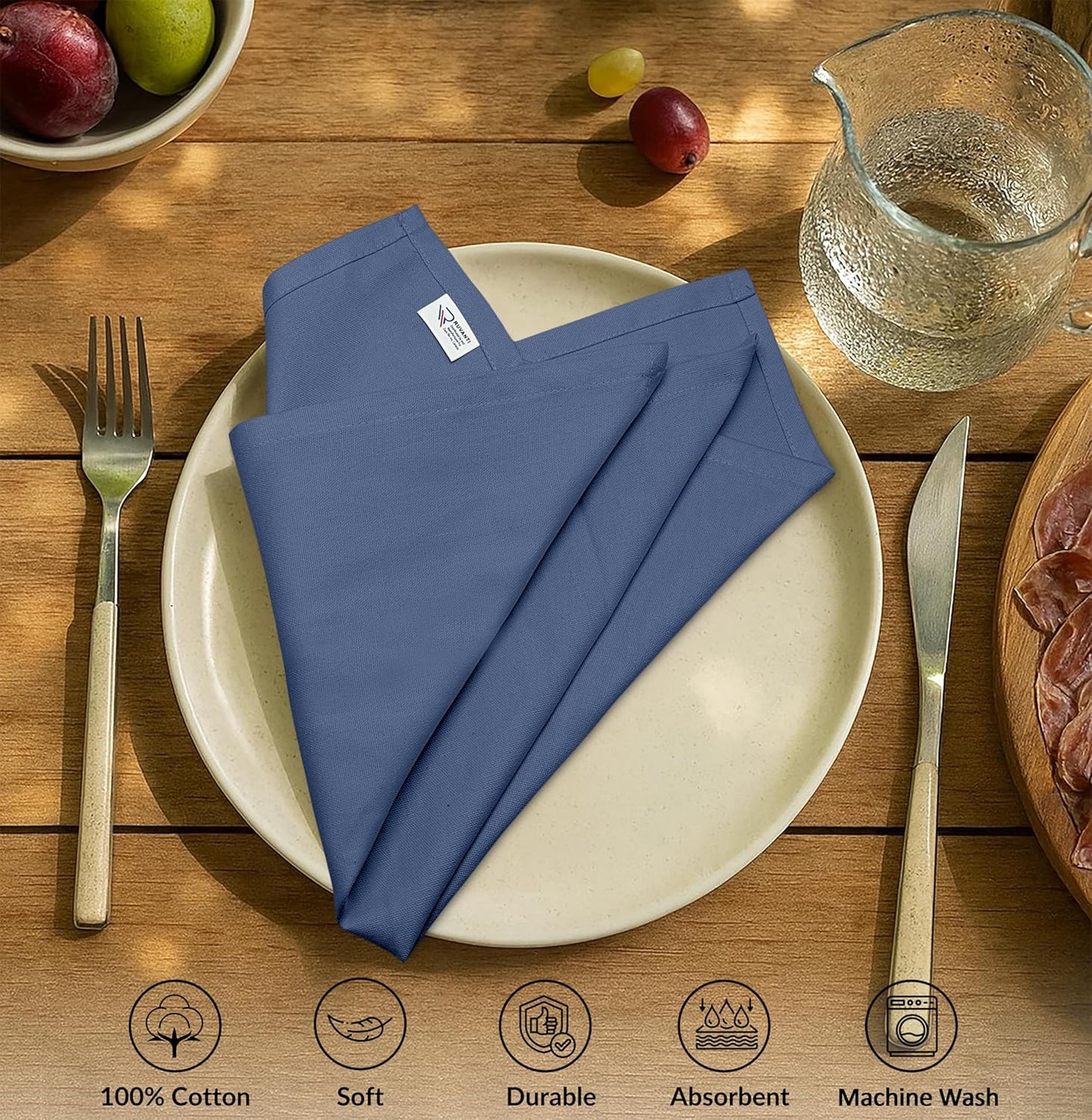 Ruvanti Premium Cloth Napkins Set of 12, 18x18 Inches, 100% Cotton, Washable, Soft & Absorbent, Perfect for Wedding, Christmas, ‎Thanksgiving Dinners - Bijou Blue