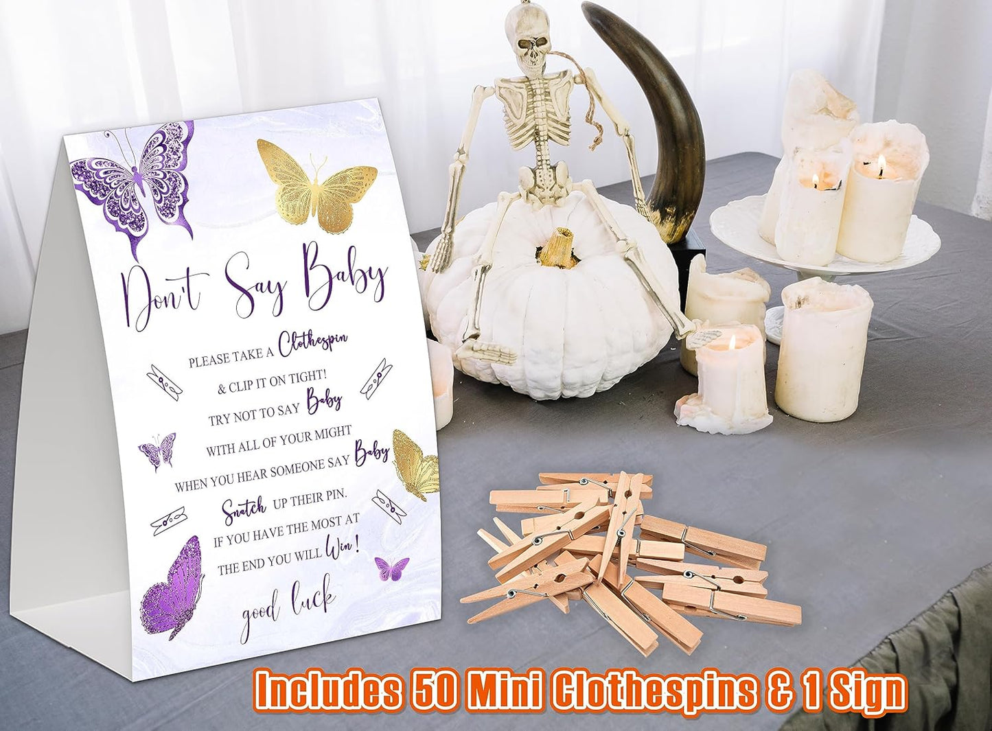 Purple Gold Butterfly Shower Decoration,Don't Say Baby Baby Shower Game,Gender Neutral Baby Shower Decorations,Small Clothespin Game,Baby Shower Ideas,Baby Shower Games 50 Guest,Fall Party Games
