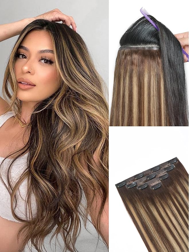 LUVME Clip in Hair Extensions, Straight Seamless 26 Inch 70g 4Pcs Chestnut Brown, 100% Real Remy Human Hair, Soft Natural Full Max Invisible Comfortable Hair Extensions for Women