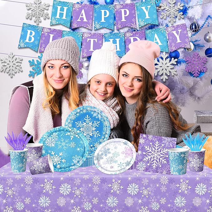143pcs Birthday Party Decoration Snowflake Themed Tableware Winter Birthday Baby Shower Christmas Party Favors for Kids Including Plates,Napkins,Tablecloth,Banner,Cups