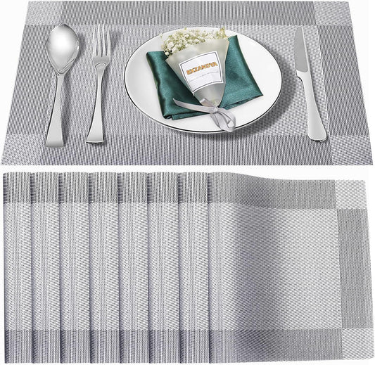 Placemats Set of 8,Washable,Heat and Stain Resistant Indoor/Outdoor Place mats,Vinyl Woven Non Slip Table Mats for Restaurant Table Protection,PVC Placemats(Silver, 8PCS)