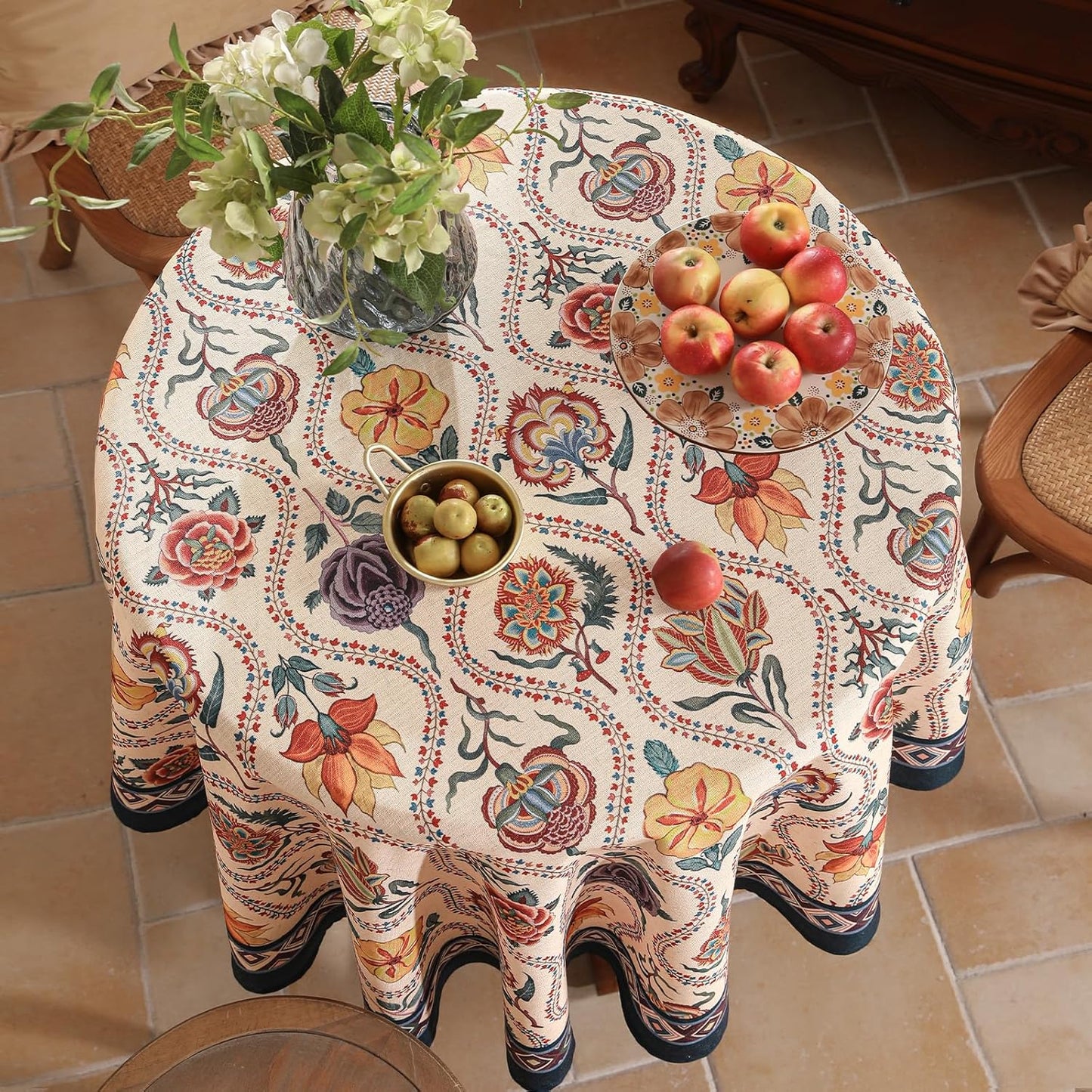 Vintage French Round Tablecloth,Linen Extra Long Tablecloth with Rose and Cornflower Pattern,Decorative Table Cover for Kitchen,Dining,Thanksgiving,Christmas,Party,Diameter 55"-Lanae