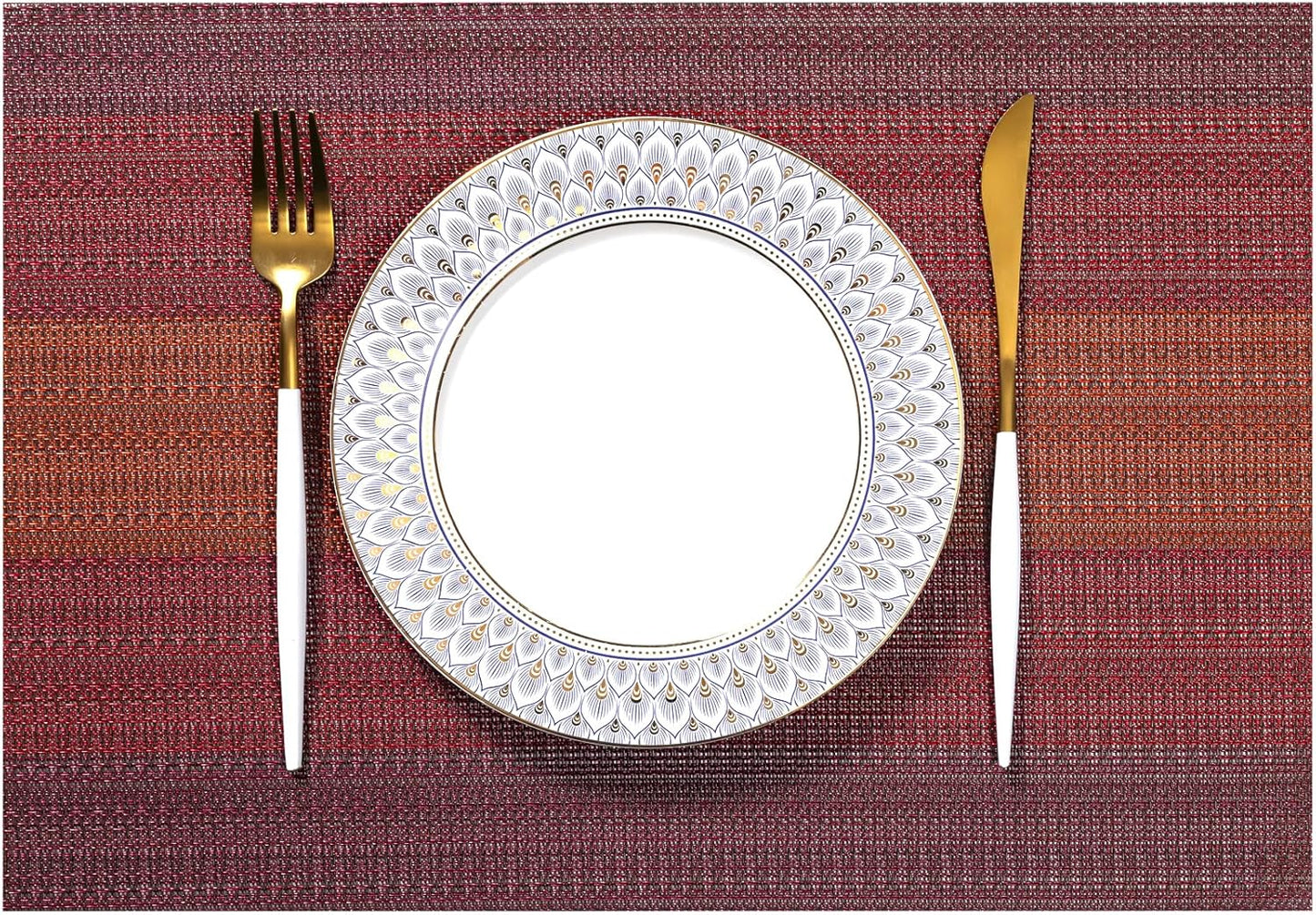 LEXMORE Placemats Set of 6 Vinyl/Plastic Woven Place Mats for Kitchen Table Indoor/Outdoor Washable Placemat Wipeable Dining Table Mats(Pomegranate Parade)