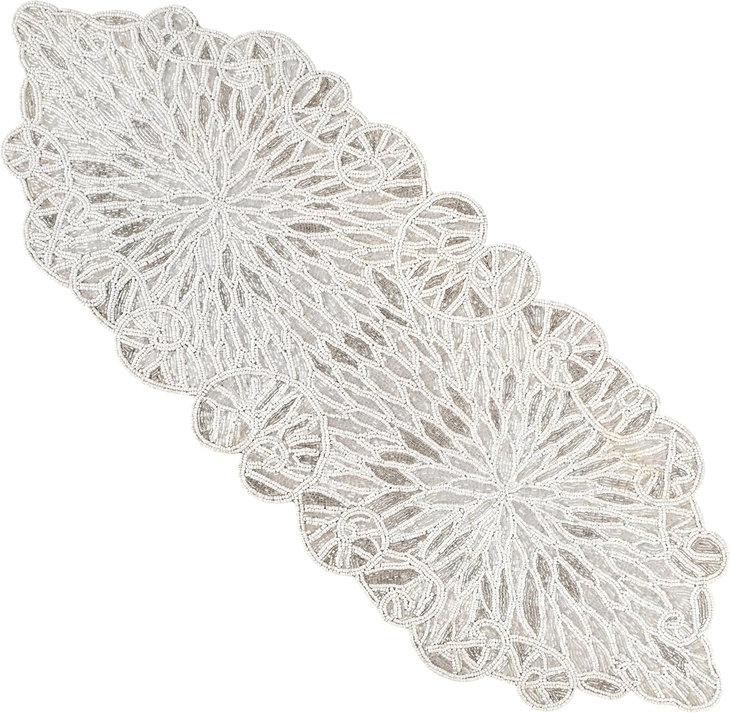 Beaded Table Runner - Elegant Indoor/Outdoor Decor for Weddings, Holidays, Gatherings, Parties, Dining & Special Occasions, Festive Home Decor (White Silver) - CLEENTABLE