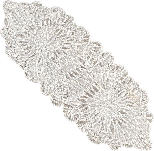 Beaded Table Runner - Elegant Indoor/Outdoor Decor for Weddings, Holidays, Gatherings, Parties, Dining & Special Occasions, Festive Home Decor (White Silver) - CLEENTABLE