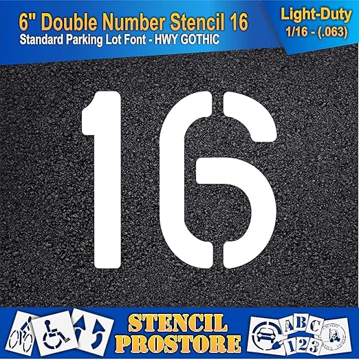 Pavement, Curb, and WheelStop Stencils - 6 inch Double Number Stencil - (16) - 6" x 6" x 1/16" (63 mil) - Light-Duty