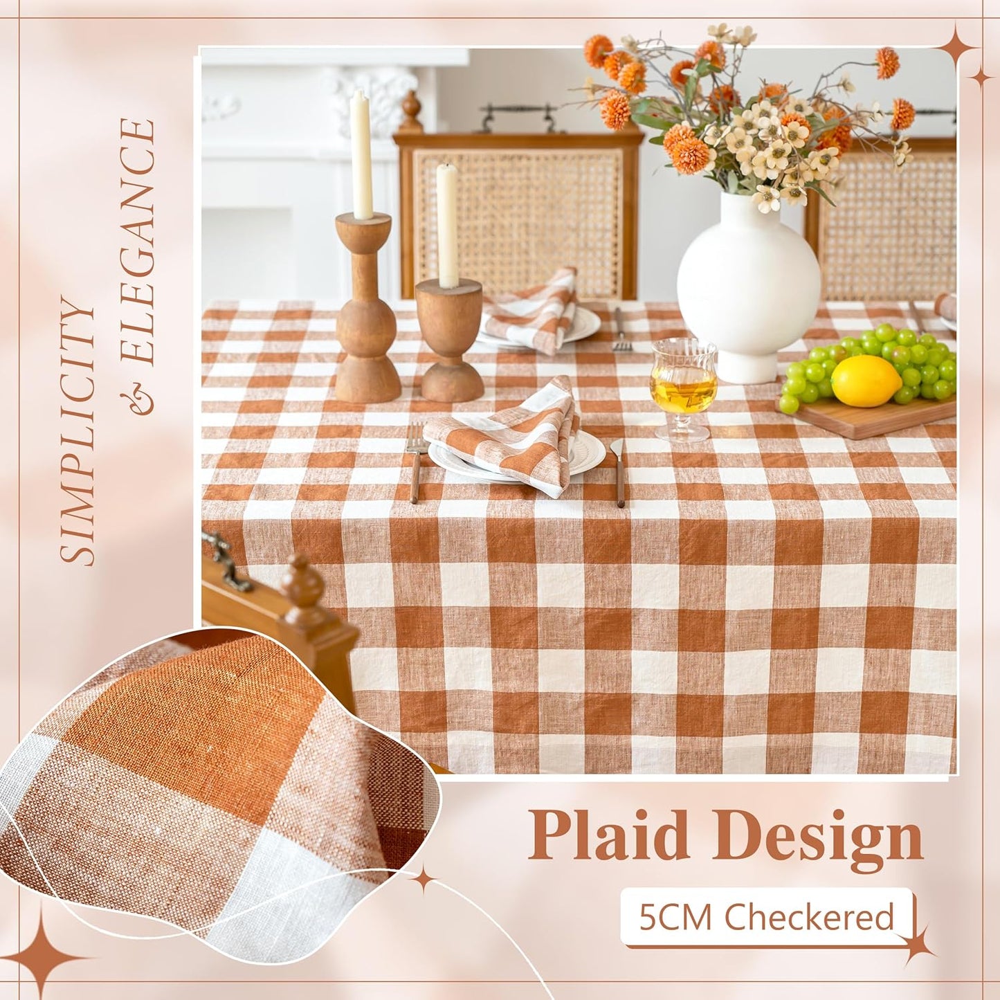 Linen World Gingham Tablecloth – Buffalo Plaid Linen Tablecloth 72" x 72" Inch,100% French Flax Table Cloth for Dining Table,Weddings,Thanksgiving & Christmas Decor,Rust Checkered