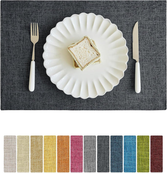 Softalker Faux Linen Placemats Set of 12-12 x 18 Inch, Heat Resistant Double Layered Durable Burlap Farmhouse Place Mats, Non-Slip Washable Rustic Table Mats for Dining, Kitchen, Party（Dark Grey