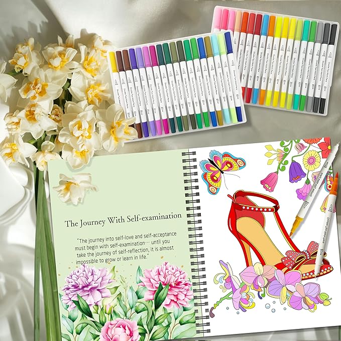 Kalysky Adults Coloring Books for Women Set - Relaxation Coloring Book and 36 Color Coloring Markers for Adults, Spiral Binding,Women's Freedom and Stress Relief