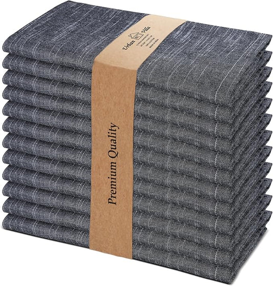 Urban Villa Cloth Napkins Set of 12 20x20 Inches 100% Cotton Napkins Cloth Washable Durable Reusable Absorbent Table Dinner Napkins Cloth for Hotel Lunch Restaurant Weddings Parties - Black Chambray