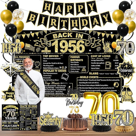 70th Birthday Decorations for Men, Black Gold Back in 1956 Party Supplies with Banner, Backdrop, Sash, Balloons, Cake Topper, Honeycomb Centerpieces, Happy 70th Birthday Party Decorations Kit