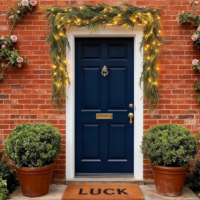 6ft Artificial Norfolk Pine Garland with Lights, 2Pcs Christmas Greenery Garland for Mantel Fireplace Table Wall Stair Window Outdoor Indoor Christmas Decorations (2)