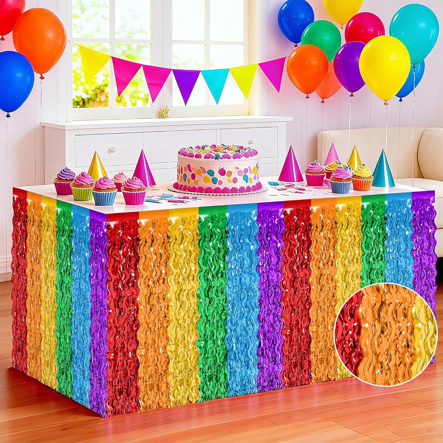 Rainbow Table Skirt, 2 Pack Desk Skirts Party Decorations, Colorful Metallic Wavy Tinsel Foil Fringe Table Skirts, Rainbow Foil Table Skirt for Birthday Classroom Teacher Pride Month Decor