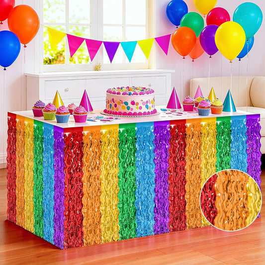 Rainbow Table Skirt, 2 Pack Desk Skirts Party Decorations, Colorful Metallic Wavy Tinsel Foil Fringe Table Skirts, Rainbow Foil Table Skirt for Birthday Classroom Teacher Pride Month Decor