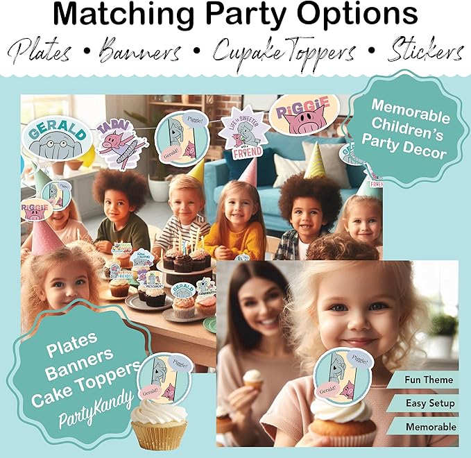 Elephant and Piggie Party Supplies for Birthday Party Decor with 12 Plates 12 Napkins and 1 Tablecloth for 9 Foot Table with Mo Willems Gerald and Piggie Book Characters (Tableware)