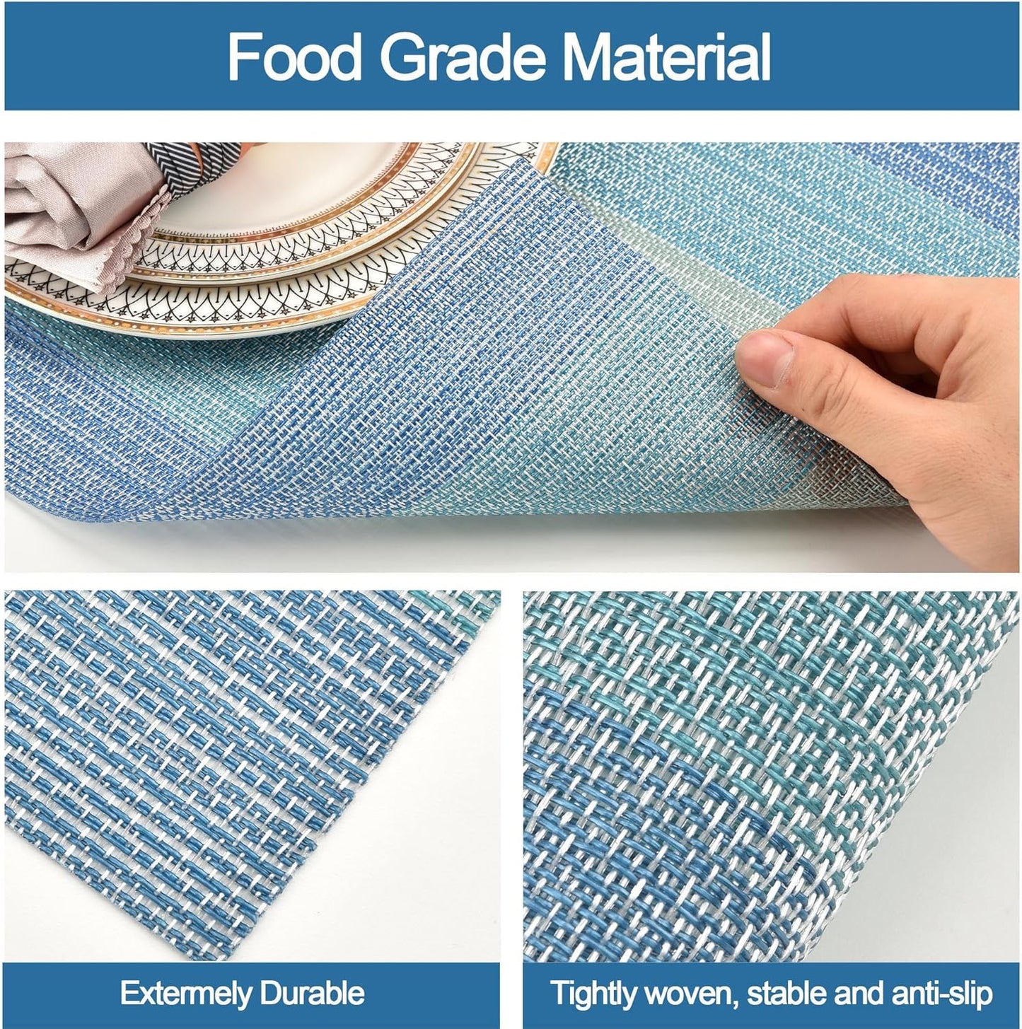 SLKQG Placemats Set of 6 - Easy Clean Washable Vinyl Placemats - Wipeable Heat Resistant Table Mats for Dining Table - 17.7x11.8 Inch (6, Blue Gradient)