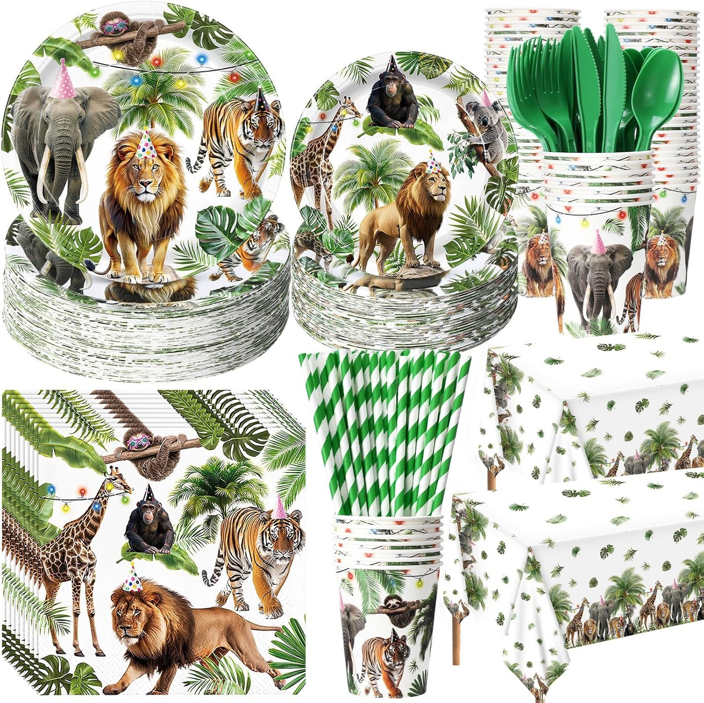 452 Pcs Wild Animals Birthday Party Decorations for 50, Jungle Themed Paper Plates Napkins Cups Tablecloth Cutlery Straws Safari Zoo Tableware Set for Baby Shower Gender Reveal Party Supplies