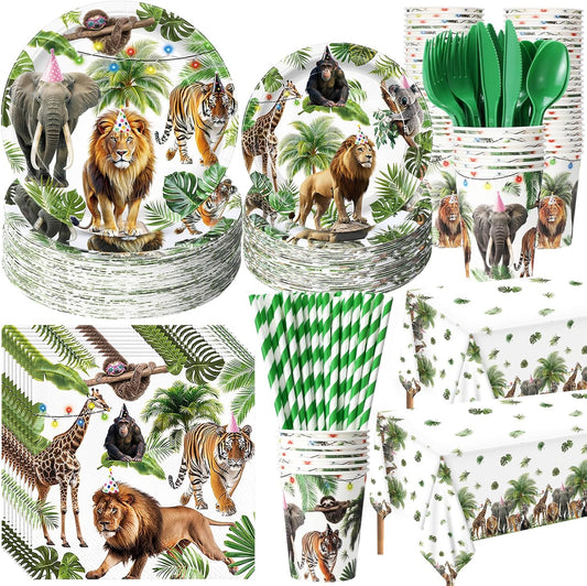452 Pcs Wild Animals Birthday Party Decorations for 50, Jungle Themed Paper Plates Napkins Cups Tablecloth Cutlery Straws Safari Zoo Tableware Set for Baby Shower Gender Reveal Party Supplies