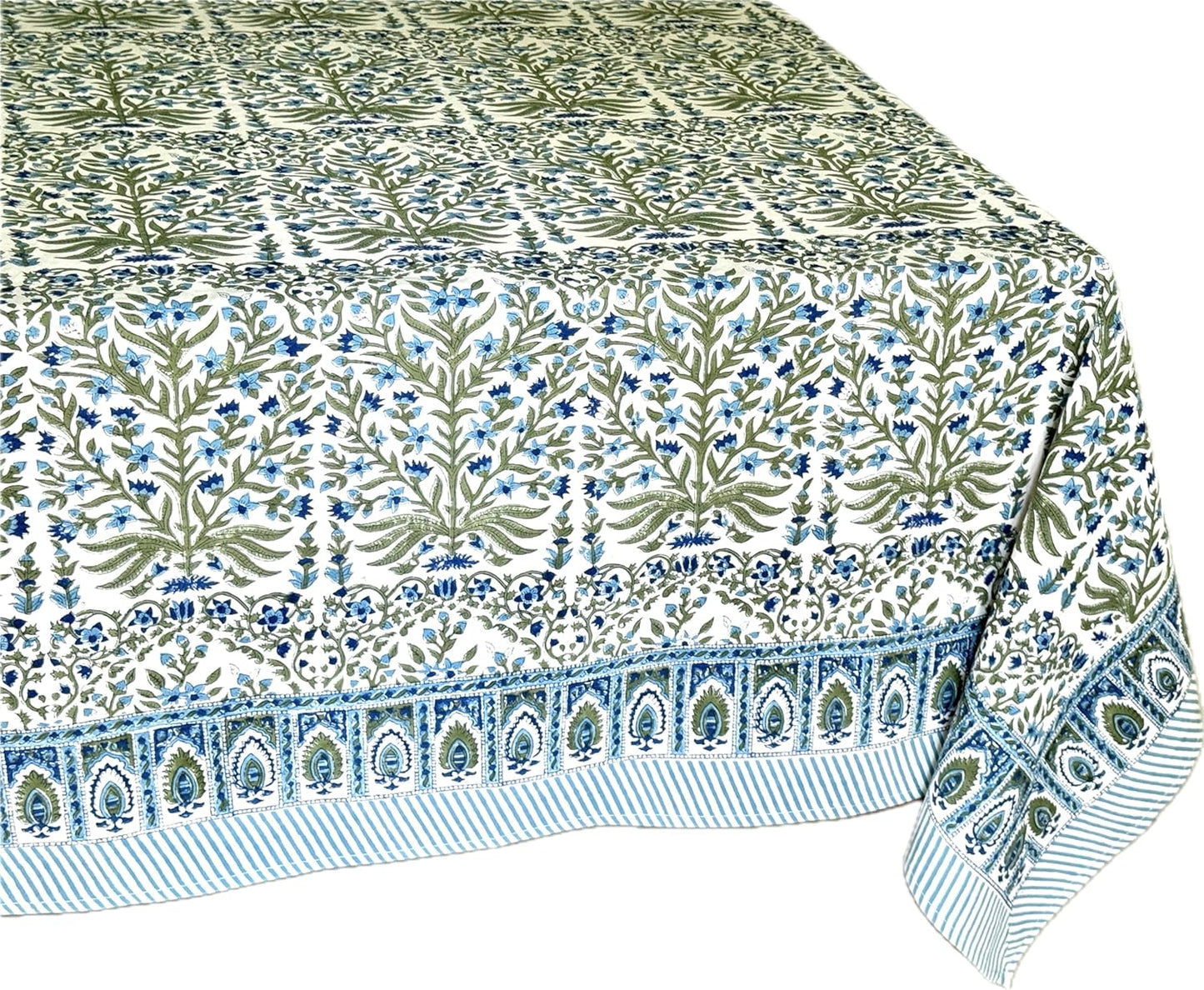 ATOSII Nargis Blue 100% Cotton Rectangle Summer Tablecloth, Indian Block Print Floral Table Cloth I Dining Parties Weddings Outdoors Holidays 60 X 108 Inches 8 Seater I Grandmillennial Farmhouse Boho