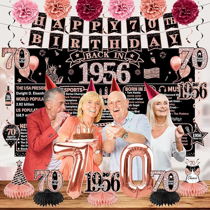 Zirtorei 70th Birthday Decorations for Women, 21pcs the Year 1956 Banner Balloon Party Supplies, Rose Gold 70 Year Old Birthday Backdrop, 70 Bday Honeycomb Centerpiece Hanging Swirls Sash Gifts