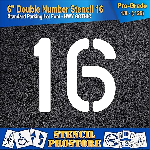 Pavement, Curb, and WheelStop Stencils - 6 inch Double Number Stencil - (16) - 6" x 6" x 1/8" (128 mil) - Pro-Grade