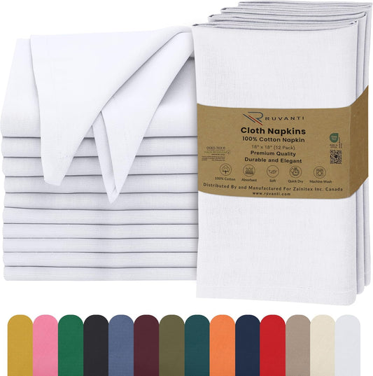 Ruvanti Linen Napkins Set of 12, 18x18 Cloth Napkins, Cotton Linen Blend Napkins Cloth Washable, Soft, Reusable Dinner Napkins for Wedding, Parties, Christmas, Thanksgiving, Everyday Use - White